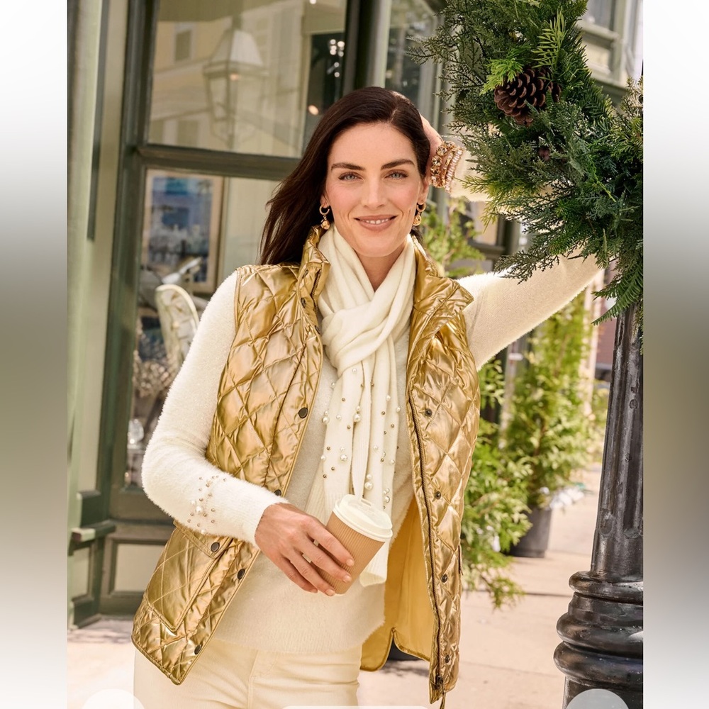 Talbots Women’s Quilted Down Puffer Metallic Gold Vest - Size Small